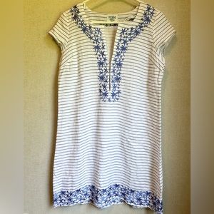 HIHO Tortola Linen Womens Sz XS Dress Striped Blue White Nautical Beach